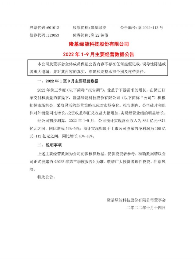 隆基綠能：營收或超864億，預(yù)計前三季凈利或在106億元-112億元之間